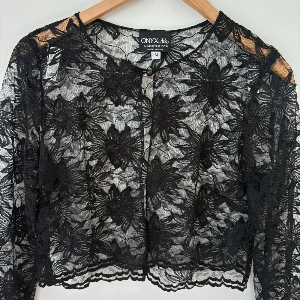 Onyx Nite VTG Black Sheer Lace Cropped Cardigan Top Sz M Goth Dark Romantic Alt